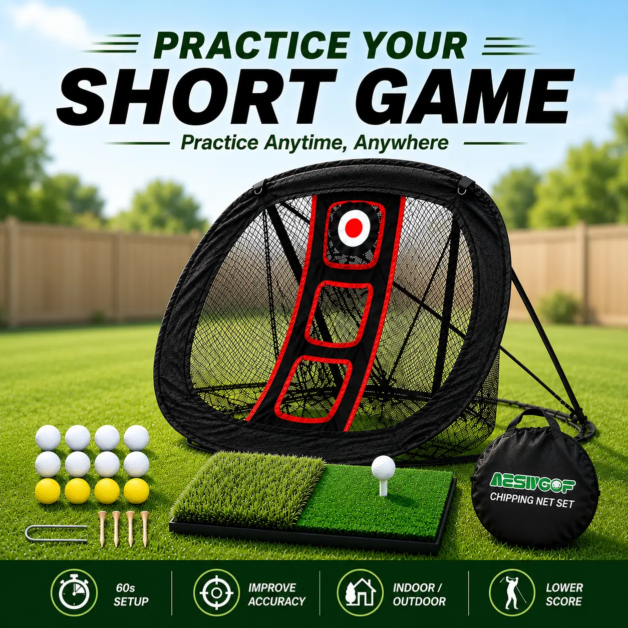 Golf Chipping Net Set - Golf Gear, Dual Turf Mat, 12 Practice Balls, Portable Carry Bag, Sport & Backyard Training Aid for Office, Living Room Use, Nylon Netting