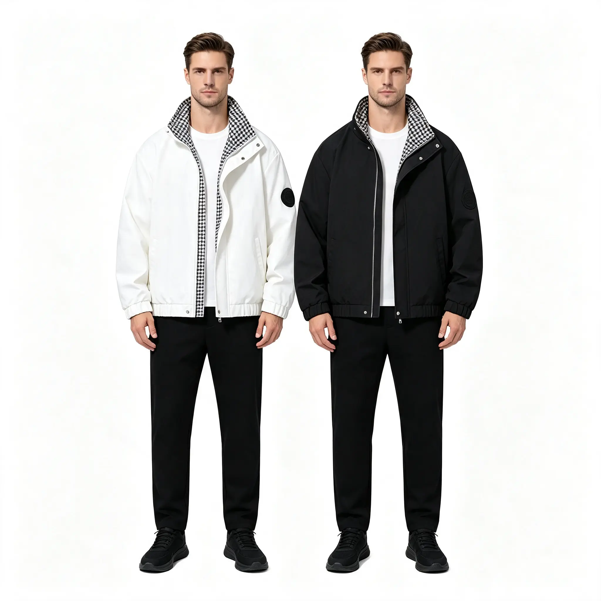Men’s 2-Tone Windproof Full-Zip Stand Collar Long Sleeve Coat - Menswear Tops with Classic Houndstooth Lining, Lightweight Casual Street Style Outerwear for Spring, Autumn