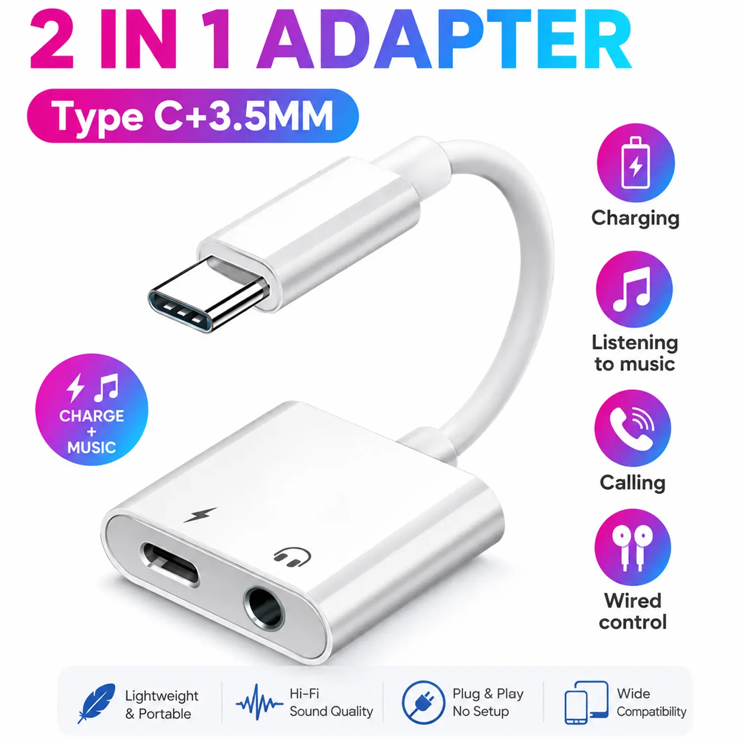 2-in-1 USB C to 3.5mm Headphone Adapter, Charge & Listen Audio Splitter for Samsung Galaxy, iPhone 17/16/15 Series, Type C Tablet /Phones, HiFi AUX Jack Converter