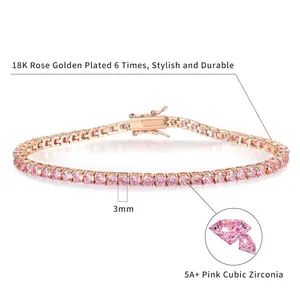 GEMSME 3MM Round Cut Cubic Zirconia Waterproof Pink Hypoallergenic Tennis Bracelet for Sensitive Skin Classic Couple Gift Hiphop ATS59996-R Adjustable Minimalist Bangle