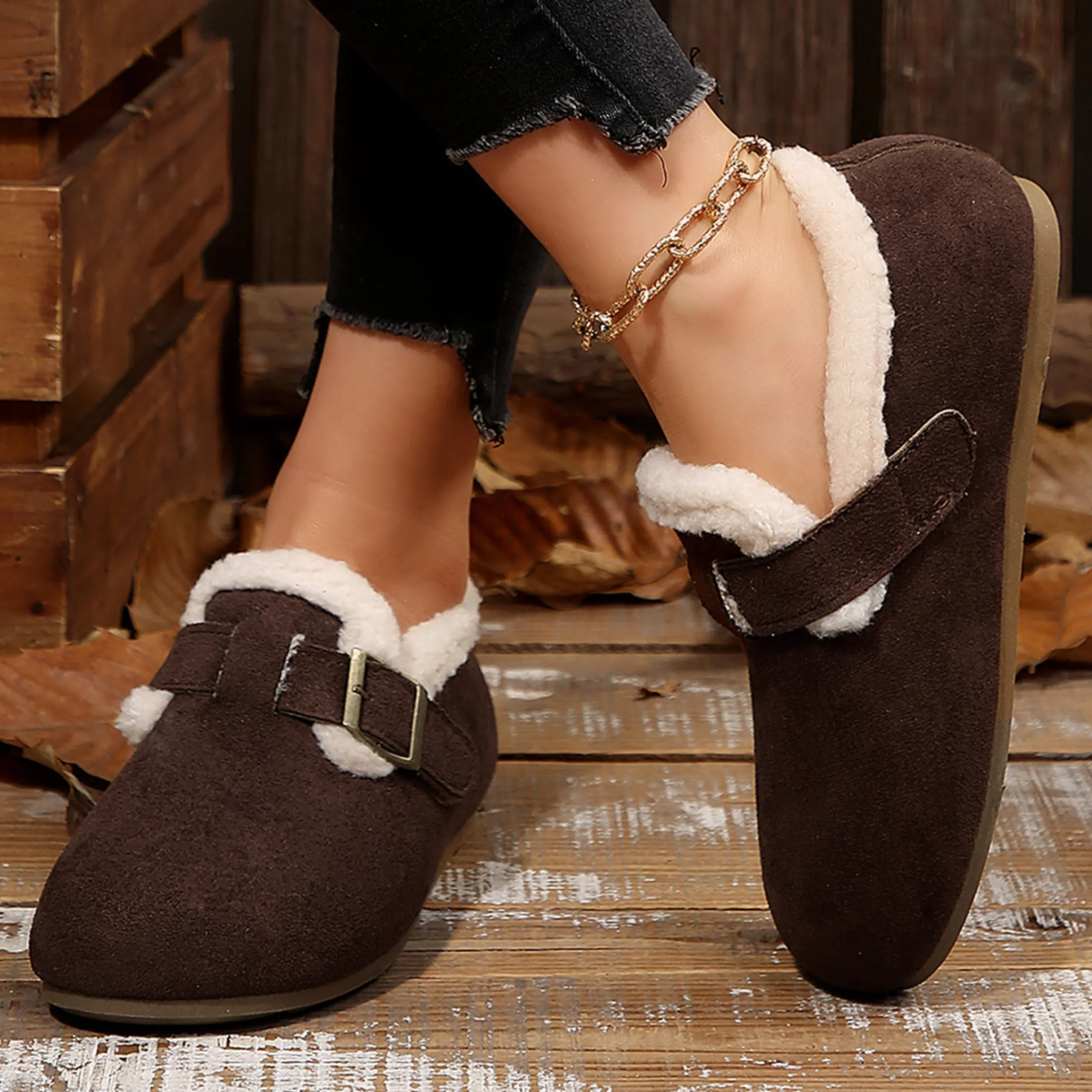 Women's Plush Shearling Lined Slip-On Shoes Suede Buckle Ankle Boots Warm Winter Indoor Outdoor Slippers