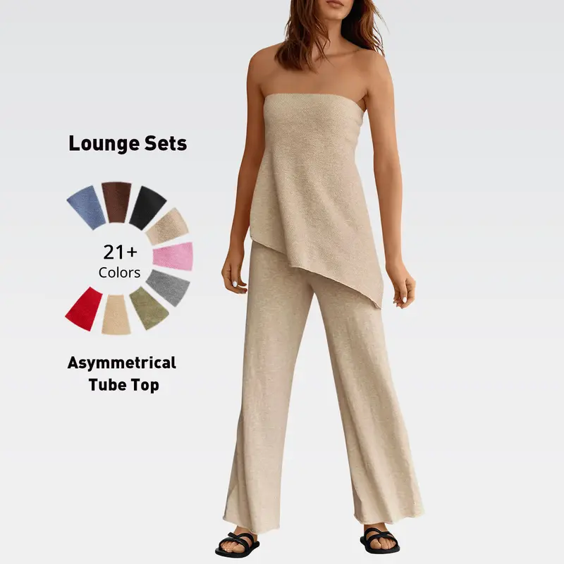 Tankaneo Womens 2 Piece Outfits Asymmetrical Tube Top Wide Leg Pants Knit Vacation Travel 2025 Matching Lounge Sets