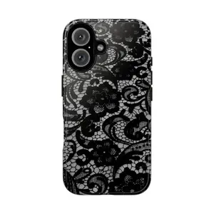 Black Lace Tough Phone Case with Lay-Flat Bezel & Flexible Rubber Liner for Extreme Protection and Stylish Design