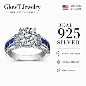925 Sterling Silver 3CT Round Cut CZ Engagement Ring with Channel-Set Blue Sapphire Accents, Split Shank Promise Ring for Women, Hypoallergenic Bridal Jewelry