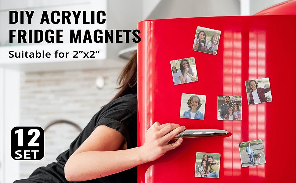 6 Pcs DIY Fridge Magnet Craft Set Acrylic Square Decorative Refrigerator Magnet with Adhesive Backing Ferrite Magnets for Office,Classroom,Cabinets,Kitchen 2 Inch