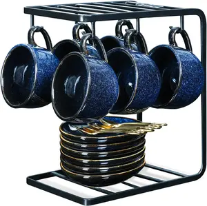 Ceramic Espresso Coffee  Set 4 oz Porcelain Espresso  with Spoons Saucers and Metal Stand for Cafe Tea Cappuccino Latte - Set of 6 - Blue ,Drinkware , Mug ,Tumblers