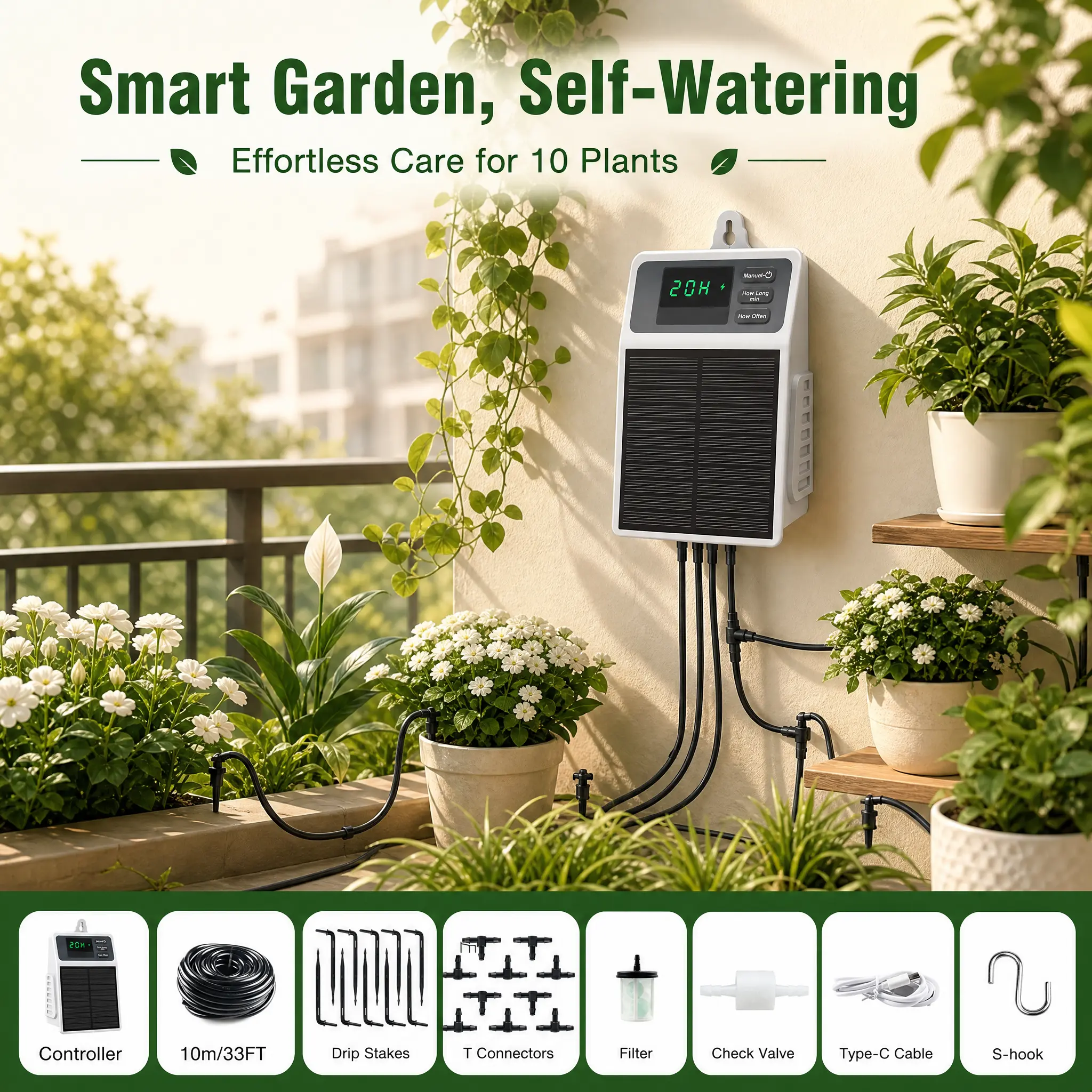 Programmable Solar Drip Irrigation System with Auto Timer, 10m Tube, 10 Plant Supports, IPX5 Waterproof Auto Watering Kit for Garden, Balcony, Greenhouse - Garden Accessories, Outdoor, Backyard, Outdoor Garden Accessories
