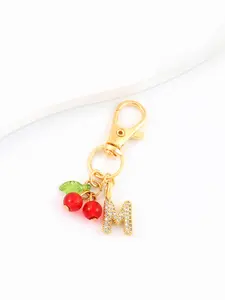 Elegant Zirconia Inlay Bubble Initial Cherry Pendant Keychain Charm, Letter Feature, Fashion Accessory, Perfect for Bags & Keys, All Seasons Style
