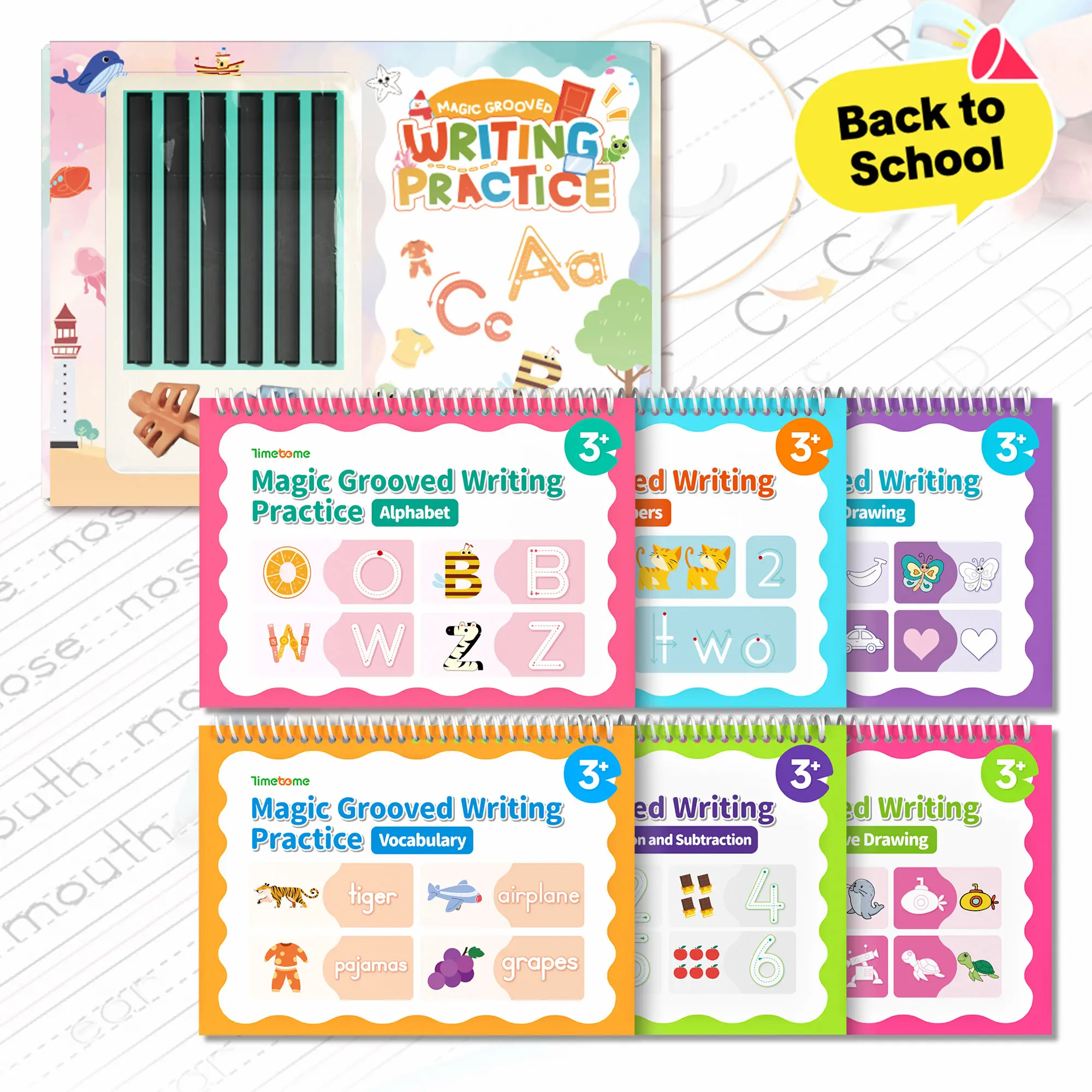 TIMETOME Reusable Grooved Handwriting Workbook for Kids, Learning Materials, 6 Books–Early Elementary, Covers Math, Words, Drawing –Gift for Children Lettering Spiral Notebook school supplies，summer learning workbook,back to school,back to school haul