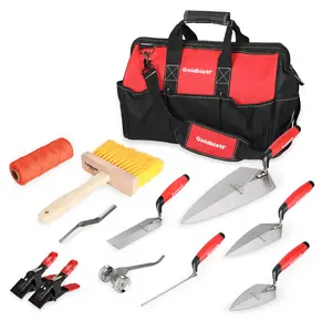 #fathersdaygift Goldblatt 12Pack Masonry Hand Tool Set Organized in Tool Bag - Philadelphia/Pointing/Margin/Tuck Pointing Trowel, Skate Wheel Joint Raker, Convex Brick Jointer, String Line & Jag-clamp, Masonry Brush