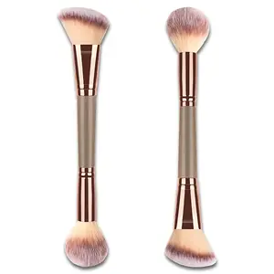 Double-Ended Foundation Makeup Brush, Angled & Round Top, Flawless Liquid Powder Cream Blending, Professional Beauty Tool (Brown Gold)