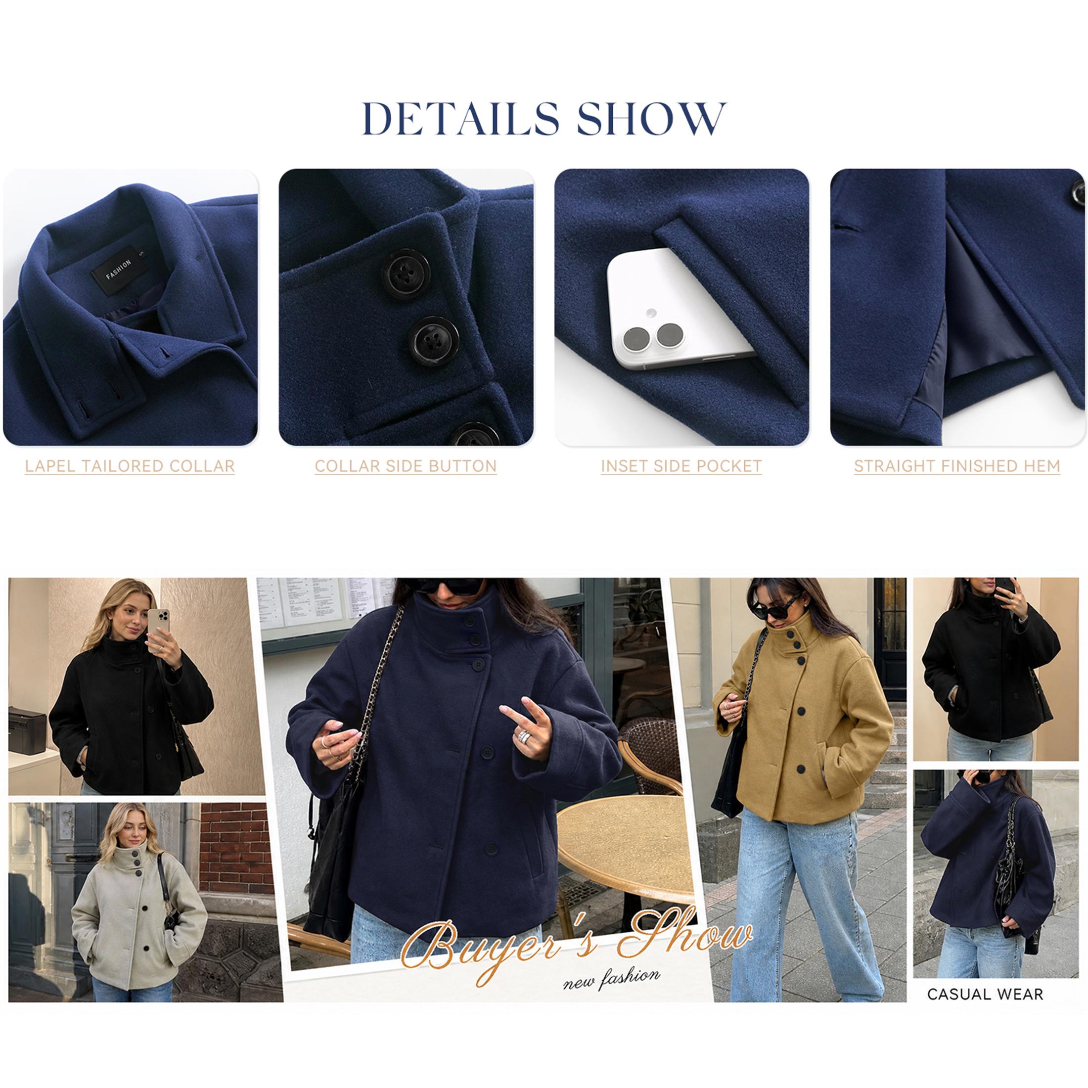 Buenoble Women Oversized Stand Collar Short Wool Blend Pea Coat Loose Double Button Minimalist Winter Casual Outerwear Jacket