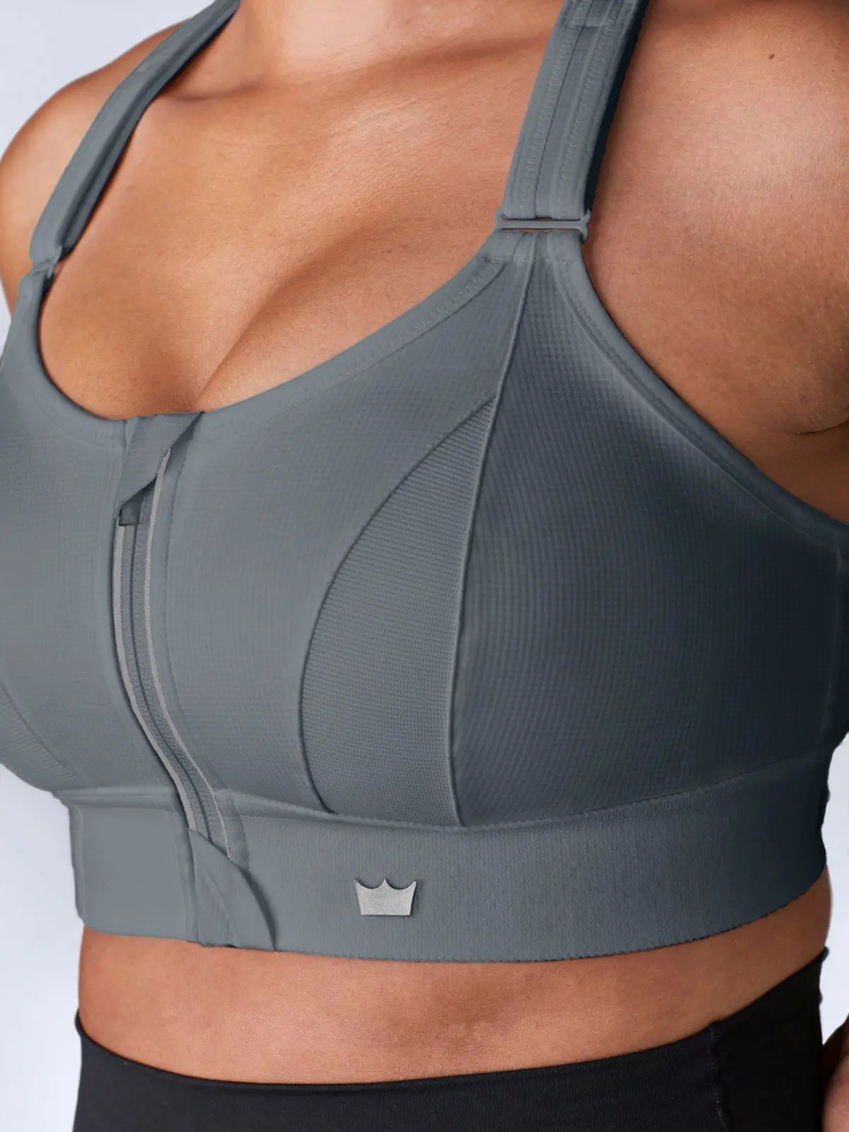 SHEFIT Ultimate Sports Bra - Steady Grey, Women's Athletic Fitted Adjustable Straps Activewear Bra with Patented Zip Cinch 15” Lift, Wire-Free Seamed Cups, Removable Pads, All-Day Performance, Antichafe, 30-Day Guarantee, Adjustable Straps Sports Bras