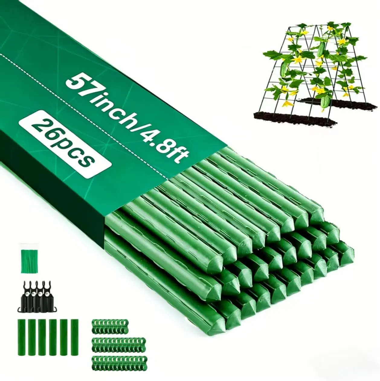 [Deals For You] 26 PCS 57in Steel Pipe Garden Support Stakes Trellis Kit, Plastic-Coated Deformable Climbing Frame, Adjustable Size, 100 Pcs Plant Tie for Tomato, Cucumber Vine Vegetables (Supports Plants)