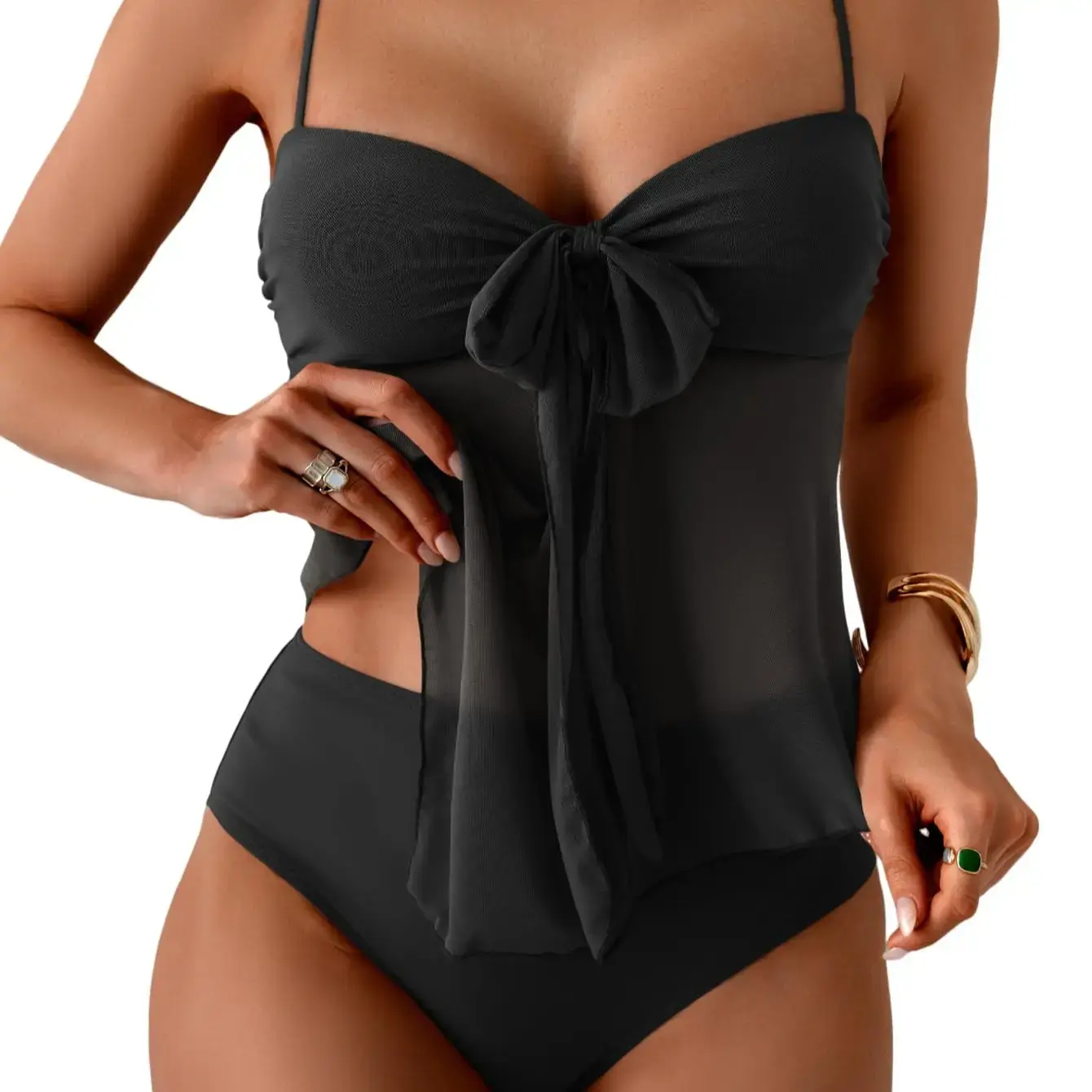 Tankini Swimsuits for Women Tummy Control Flowy Mesh Tops High Waisted Bottoms Coquette 2 Piece Bathing Suits SummerVibes