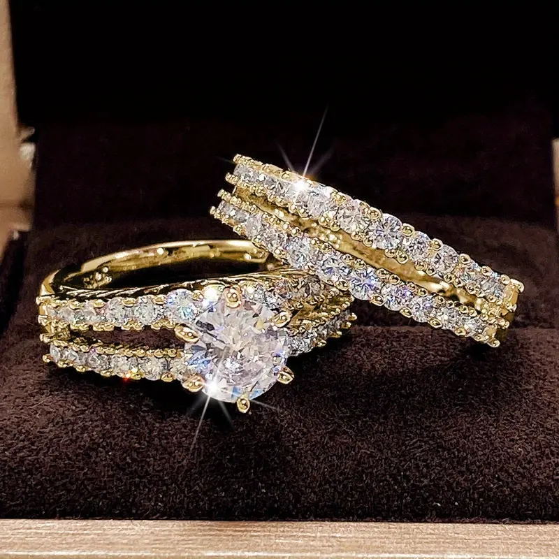 2pcs/set Bridal Wedding Rings 18K Plated 6 Prong Setting Zirconia Rings For Women Engagement Proposal Jewelry Gift