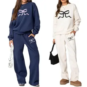 TwopieceLoungeSetsforWomenFallSweatsuitsBowPrintLongSleeveCrewNeckPulloverTopsWideLegSweatpantsMatchingTracksuitClothingNavy