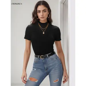 CHENGDEFA Women's Solid Half Turtleneck Tee, Casual Fashion Short Sleeve T-shirt Bodysuit for Daily Wear, Ladies Clothes for All Seasons, Tops