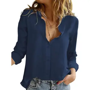 Long Sleeve Button Down Shirts Cotton Linen Dress Shirts Casual Summer Tops Work Blouses