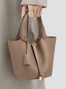 Women's Fashionable Plain Color Leather Bag, Bucket Bag Handbag, Casual Versatile Handbag with Lock Design, Trendy All-match Handbag for Daily Use, Purse, Pu Leather Satchel