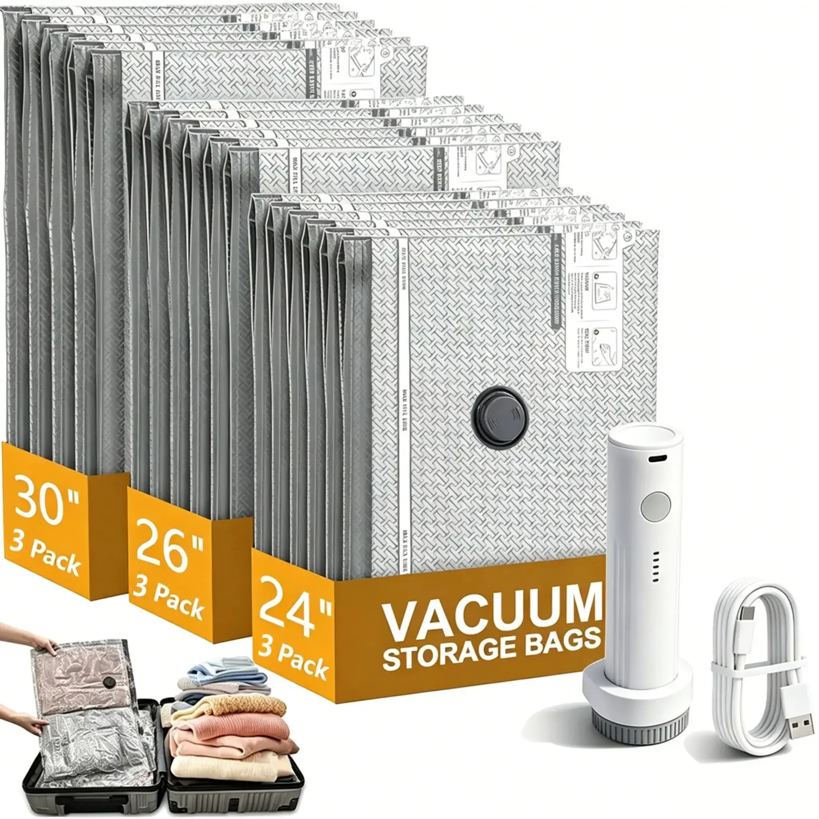Snofrid Cordless Travel Vacuum Storage Compression Bag Set – 15-Pack in 3 Sizes – USB Rechargeable Handheld Pump with Built-In Battery – Waterproof & Reusable Space Saver for Clothes & Packing, Perfect for Carry-On Suitcases