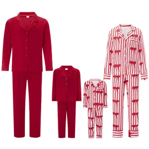 CPZVUCAK Family Matching Pajama Set Lapel Neck Button-up Long Sleeve Tops Long Pants 2-Piece Bow/Solid Color Loungewear Christmas Valentines Outfit