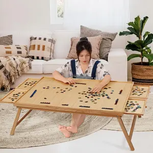 TEAKMAMA 1500 Piece Wooden Jigsaw Folding Puzzle Board, Puzzle Table with Legs and Protective Cover, 34” X 26.3” Jigsaw Puzzle Board with 4 Drawers & Cover, Portable Puzzle Tables for Adults