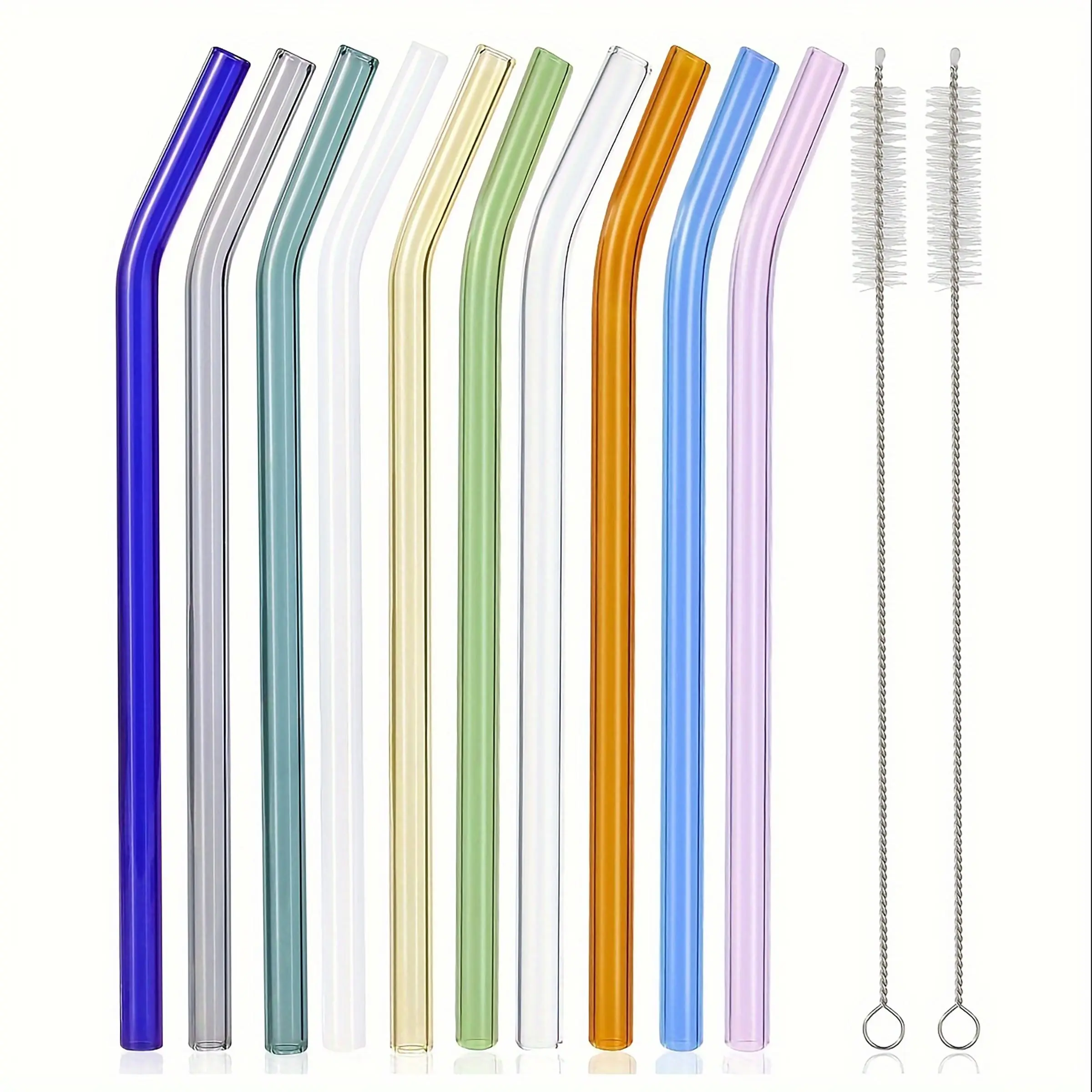 Reusable Colorful Glass Straw with Brush, Straw Combo, 12pcs/set Including 10pcs Straw & 2 Counts Cleaning Brush, Drinkware Accessories Drinking Straw for Restaurant, Picnic, Camping