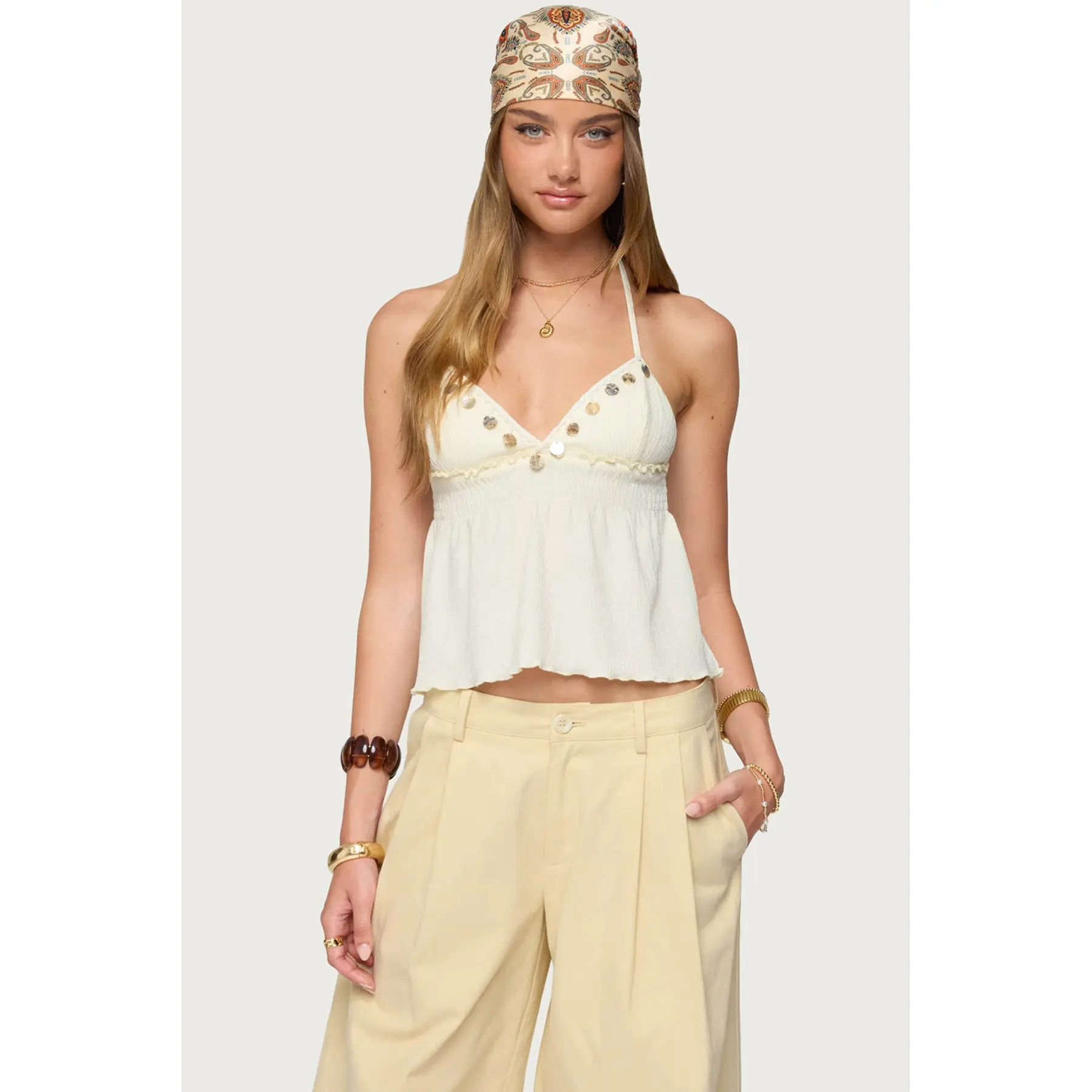 Textured Iridescent Babydoll Halter Top