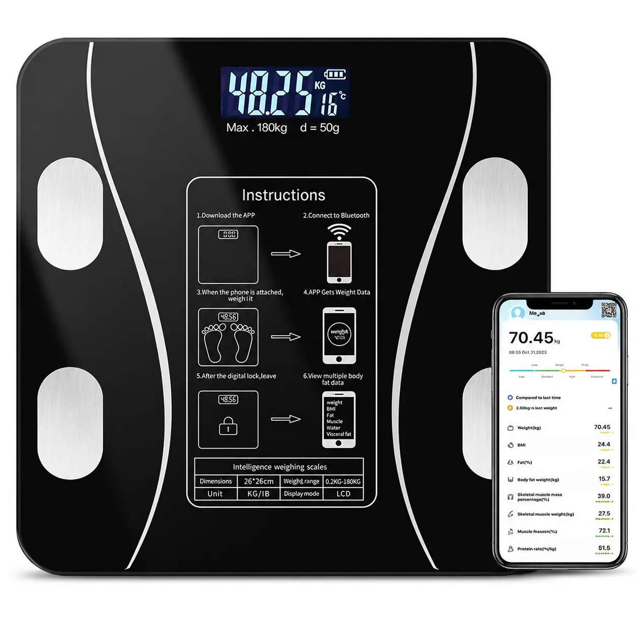 Smart Scale for Body Weight, Digital Bathroom Scale BMI Weighing Bluetooth Body Fat Scale, Body Composition Monitor Health Analyzer with Smartphone App, 400 lbs