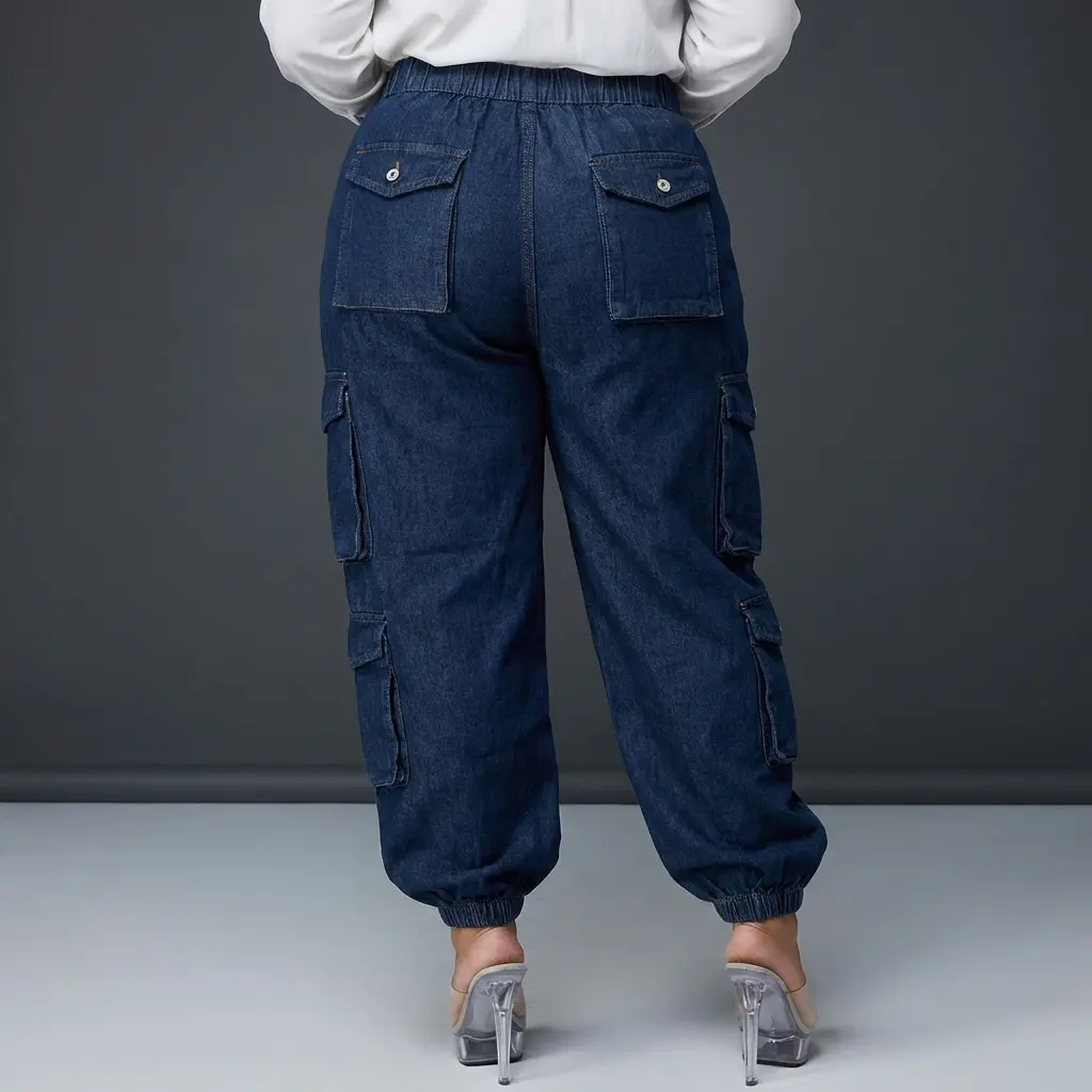 Women's Plus Size High-Stretch Cotton-Elastane Cargo Jogger Jeans - Tapered Leg, Flap Pockets, Elastic Cuffs, Modest Cropped Fit, Zipper, Woven, Dry Clean, All Seasons Bottom Pants, Tapered Legs