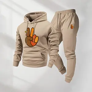 Men’s Thanksgiving Gift Turkey Pattern V-Sign Hoodie and Drawstring Track Pants Set with Pockets, Casual Long Sleeve Hooded Jacket and Jogger Pants, Fall Winter Activewear, Street Style Sportswear for Indoor & Outdoor Activities