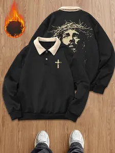 Unisex Fleece Faith Wind Polo Sweatshirt, Hoodie with Thorns Crown Jesus Print, Cross Detail, Casual Everyday Fall & Winter Streetwear