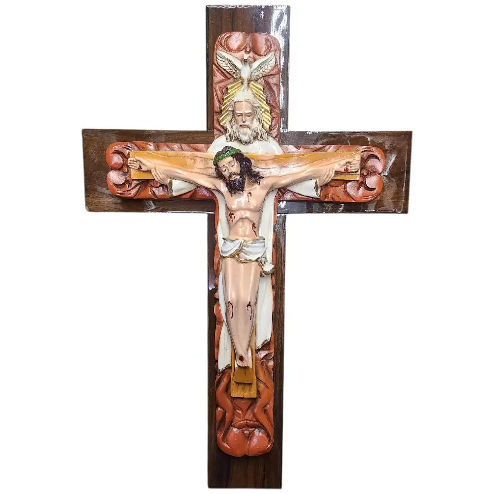 Wall Cross Santisima Trinidad 24" Inches Tall Viejo Brand New Wood and Polyresin Jesus Religious wall Decor Cruz Crucifix Cristo Crucifijo Padre hijo y Espiritu Santo
