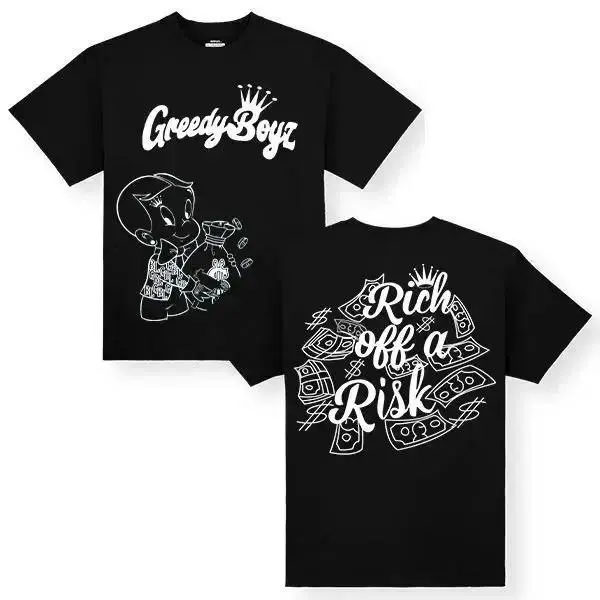 Unisex "Greedy Boyz Rich Off A Risk" T-Shirt Vintage Streetwear Design Original Rich Kid Meme Graphic Tee Casual Crew Neck Top Hustle Culture Streetwear For Hustlers & Rich Aesthetic Lovers
