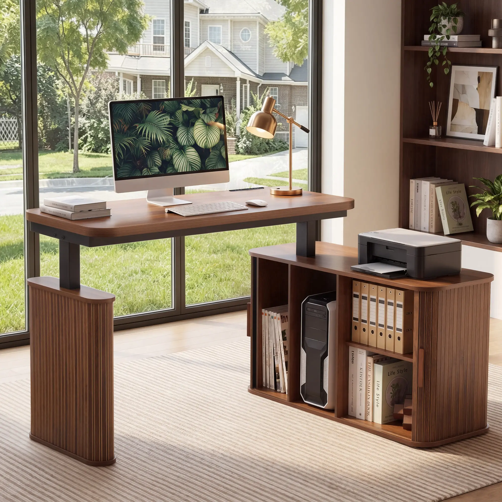 Giratree 47" Electric Standing Desk with Storage Cabinet, Height Adjustable Computer Desk with USB & Type-C Charging Ports, Home Office Desk with 2 Memory Presets, Printer Shelf and CPU Storage, Walnut Finish