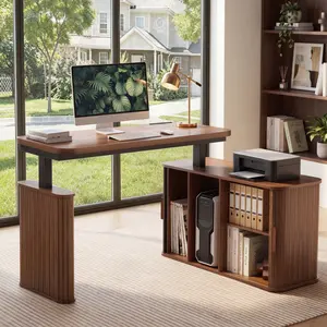 Giratree 47" Electric Standing Desk with Storage Cabinet, Height Adjustable Computer Desk with USB & Type-C Charging Ports, Home Office Desk with 2 Memory Presets, Printer Shelf and CPU Storage, Walnut Finish