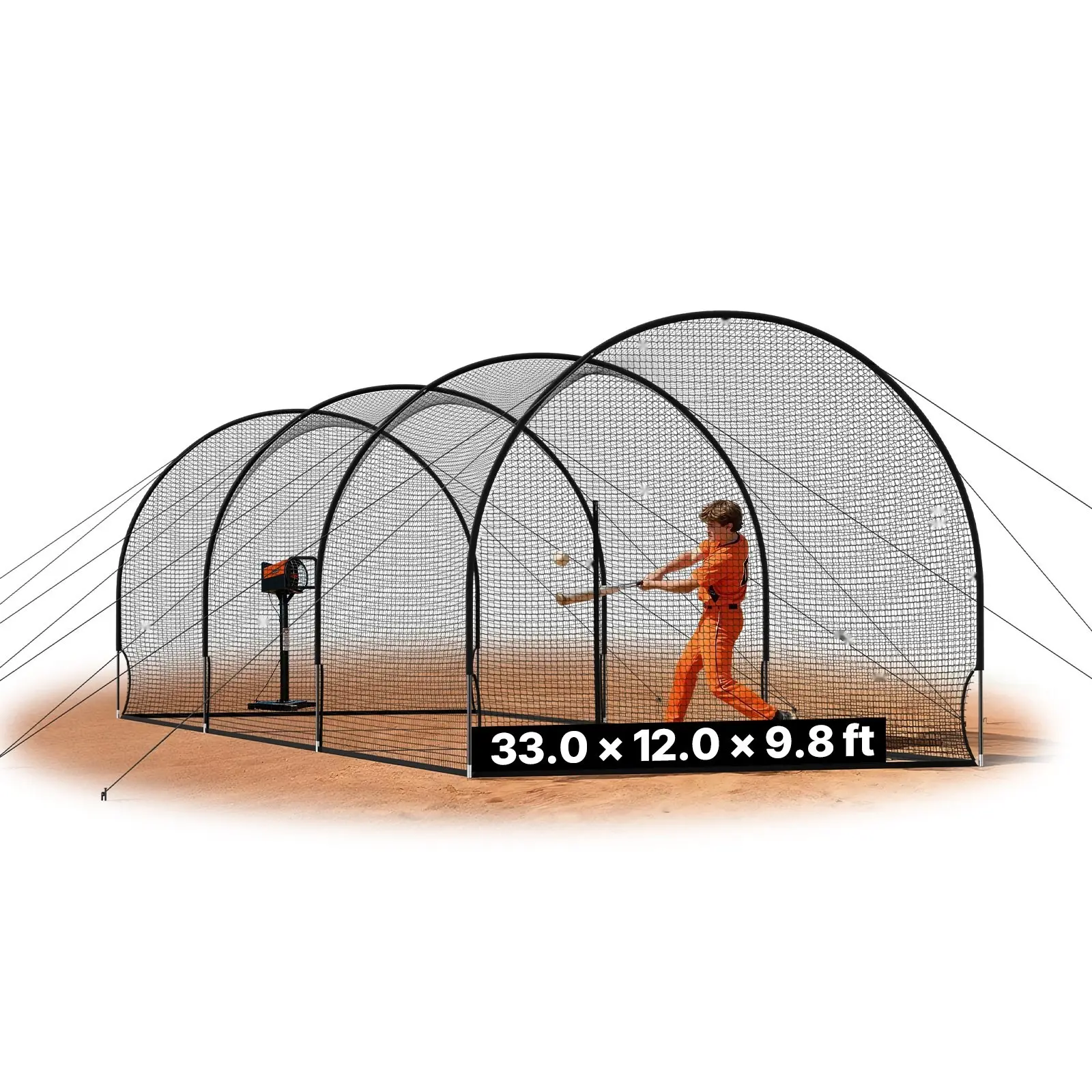 Baseball Batting Cage 33 Ft X 12 Ft X 9.8 Ft Freestanding Portable Hitting Cage With 4-Ply Knotless Polyester Netting, Pitching Machine Opening, Suitable For Indoor And Outdoor Training, Practice In Home Backyard