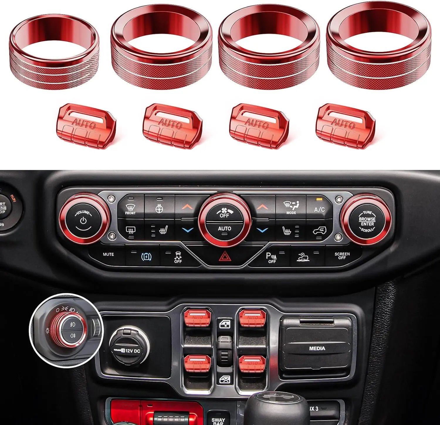 [SummerFinds]8PCS Metal Button Knob Cover for Jeep Wrangler JL JLU 2018-2025 & Gladiator JT Accessories Window Switch Button Cover Volume Radio Air Conditioner Headlight Switch Knob Cover (Red)