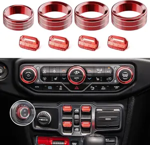 8PCS Metal Button Knob Cover for Jeep Wrangler JL JLU 2018-2025 & Gladiator JT Accessories Window Switch Button Cover Volume Radio Air Conditioner Headlight Switch Knob Cover (Red)