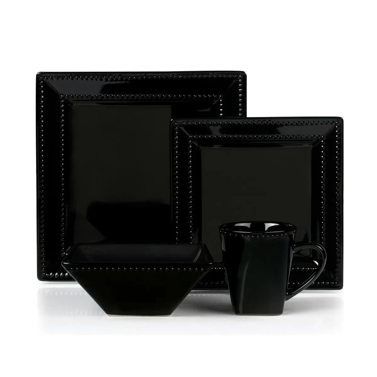 212 MAIN Sturdy Square Stoneware Tableware Set - 16-Piece, Square Beading Edge, Includes Dinnerware Plates, Bowls, Mugs, Black