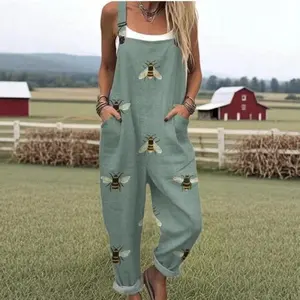 [Vintage Jumpsuit] Vintage Style Women's Jumpsuit |           Elastic Waist, Lace-Up Detail, Floral Chicken Print |           Light Green Sleeveless Overalls, Casual Knit Fabric, Ideal for Spring/Summer/Fall Womenswear Fitted rompers women Strappy