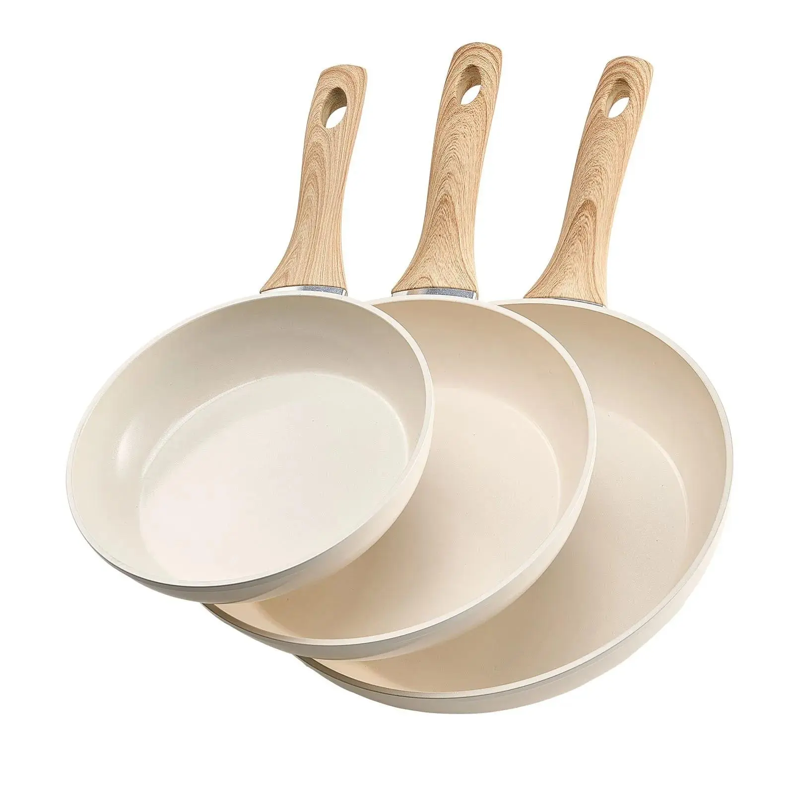 【Backtoschool】VEVOR Nonstick Skillet Pan Set, 3-Piece Aluminum Egg Fry Pans (8,9.5,11 in) with Heat-Resistant Handle, Heavy-Duty Ceramic Kitchen Supplies for Gas, Electric, Induction, Beige (Durable Cookware for Chefs)