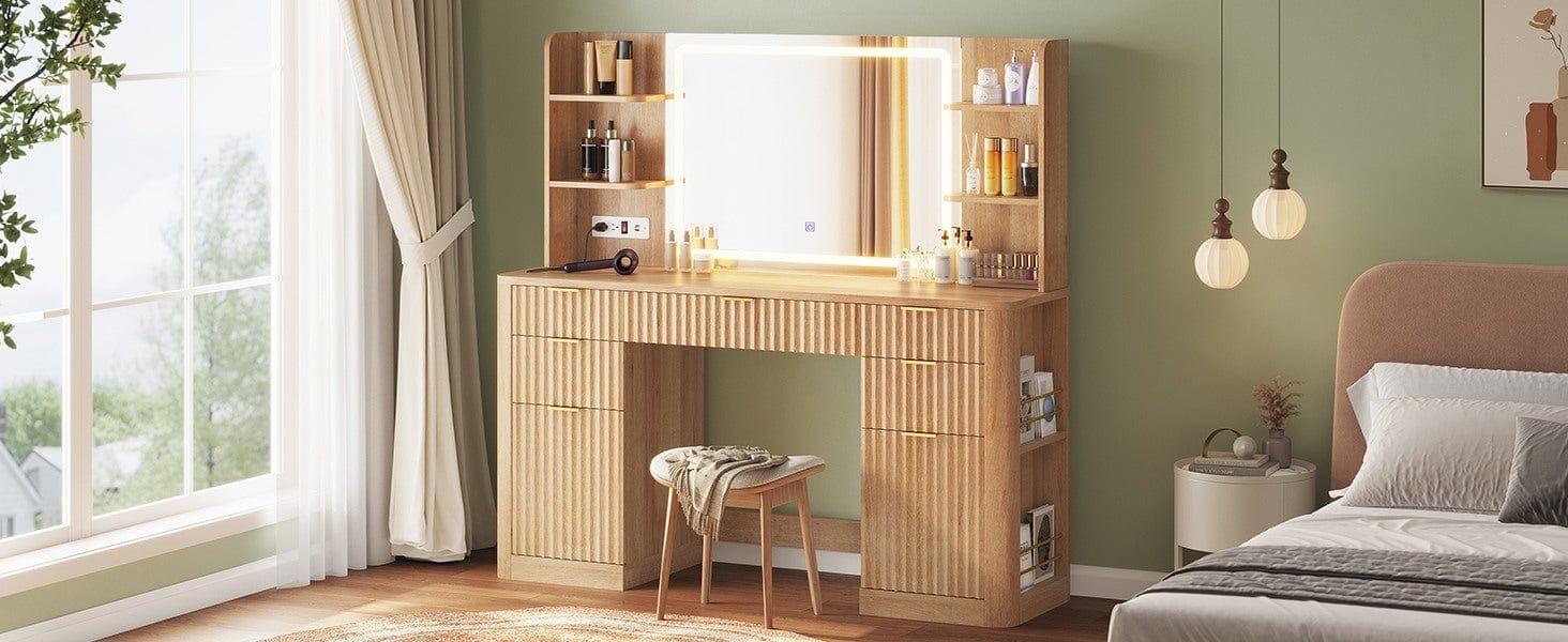 Sikaic 51.2" Fluted Makeup Vanity Desk with 30.3" Lighted Mirror, 5 Drawers, 6 Open Shelves & 2 Cabinets, Power Strip Included, Modern Oak Dressing Table with Solid Wood Legs for Bedroom Sikaic 51.2" Fluted Makeup Vanity Desk with 30.3" Lighted Mirror, 5 Drawers, 6 Open Shelves & 2 Cabinets, Power Strip Included, Modern Oak Dressing Table with Solid Wood Legs for Bedroom