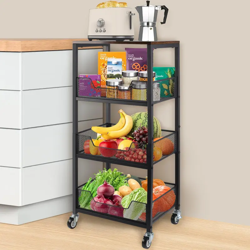 3-Tier Rectangular Metal&Wood Rolling Kitchen Utility Cart with Mesh Baskets - Single Unit Multi-Purpose Mobile Storage for Pantry, Laundry, Locking Castors