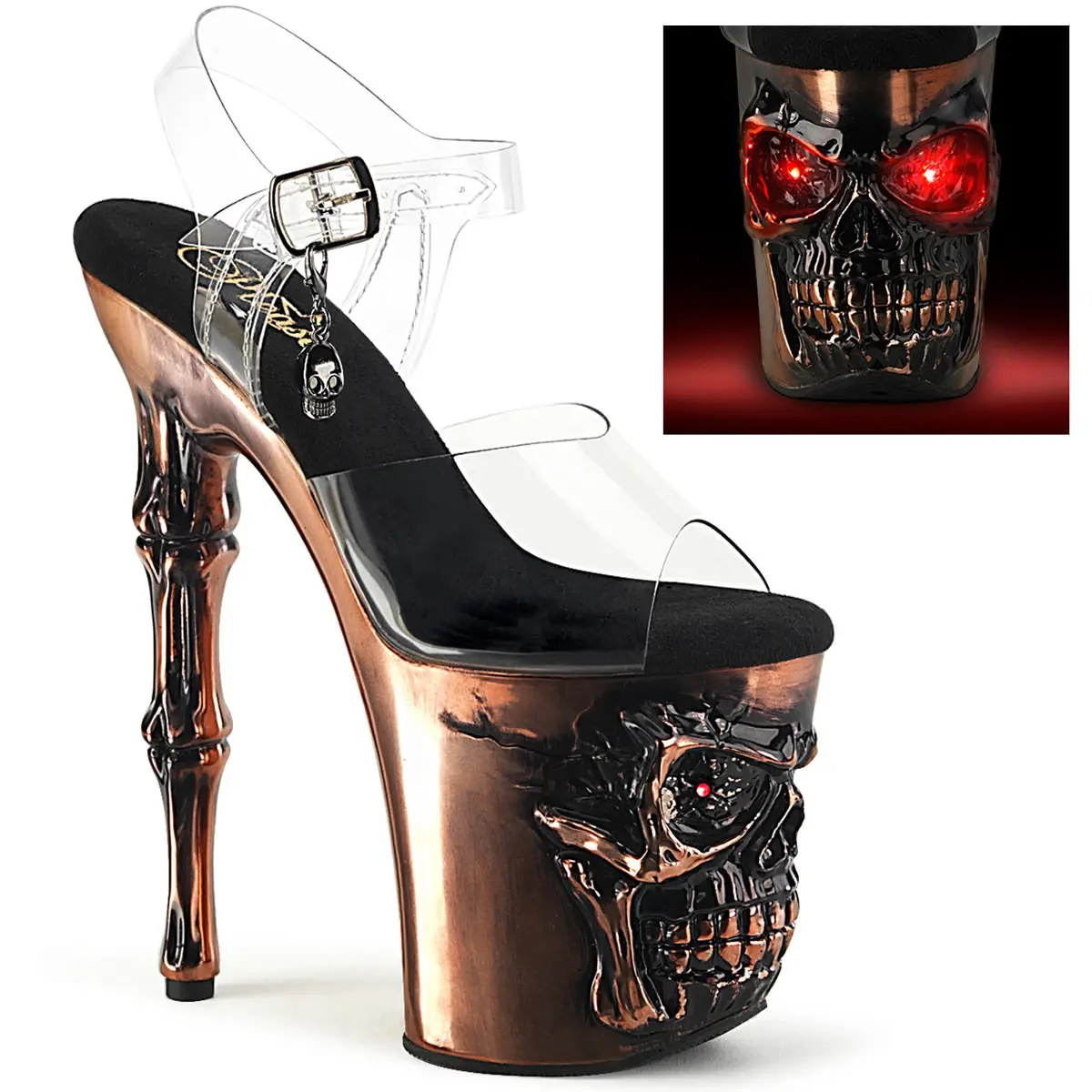 Women's High Heel Footwear, Satin Chrome Platform Sandals with a Sculpted Skull Design, an 8" Finger Bone Heel & USB Chargeable Red LED Lights with Changing Patterns, Shoe, Stylish, Night Out, Skull Charm, Ankle Strap, Statement Shoes, Skull Accent