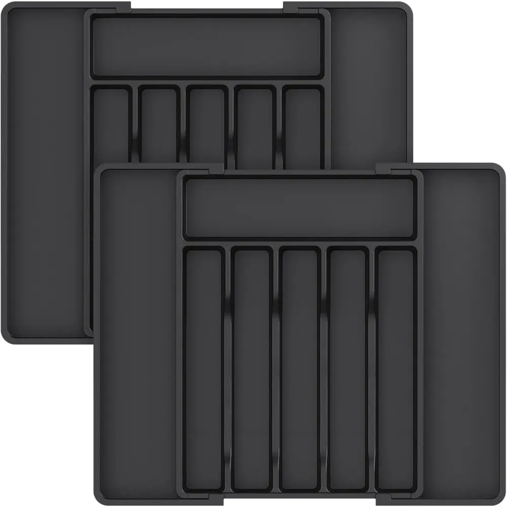 2-Pack Black Foldable Rectangle Expandable Silverware Drawer Organizer - BPA-Free Plastic, 3 Size Options, Edge Design, Compartmentalized Utensil Tray for Kitchen Spoons, Forks, Knives, Adjustable, 22.4 X 15 X 2 Inches