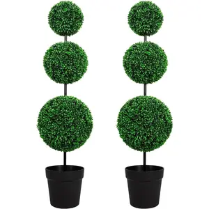ROMSWI 3FT 4FT Artificial Triple Ball Boxwood Topiary Tree 2 Pack UV Resistant Faux Topiary Plant for All-Season Home Office Porch Entryway Decor