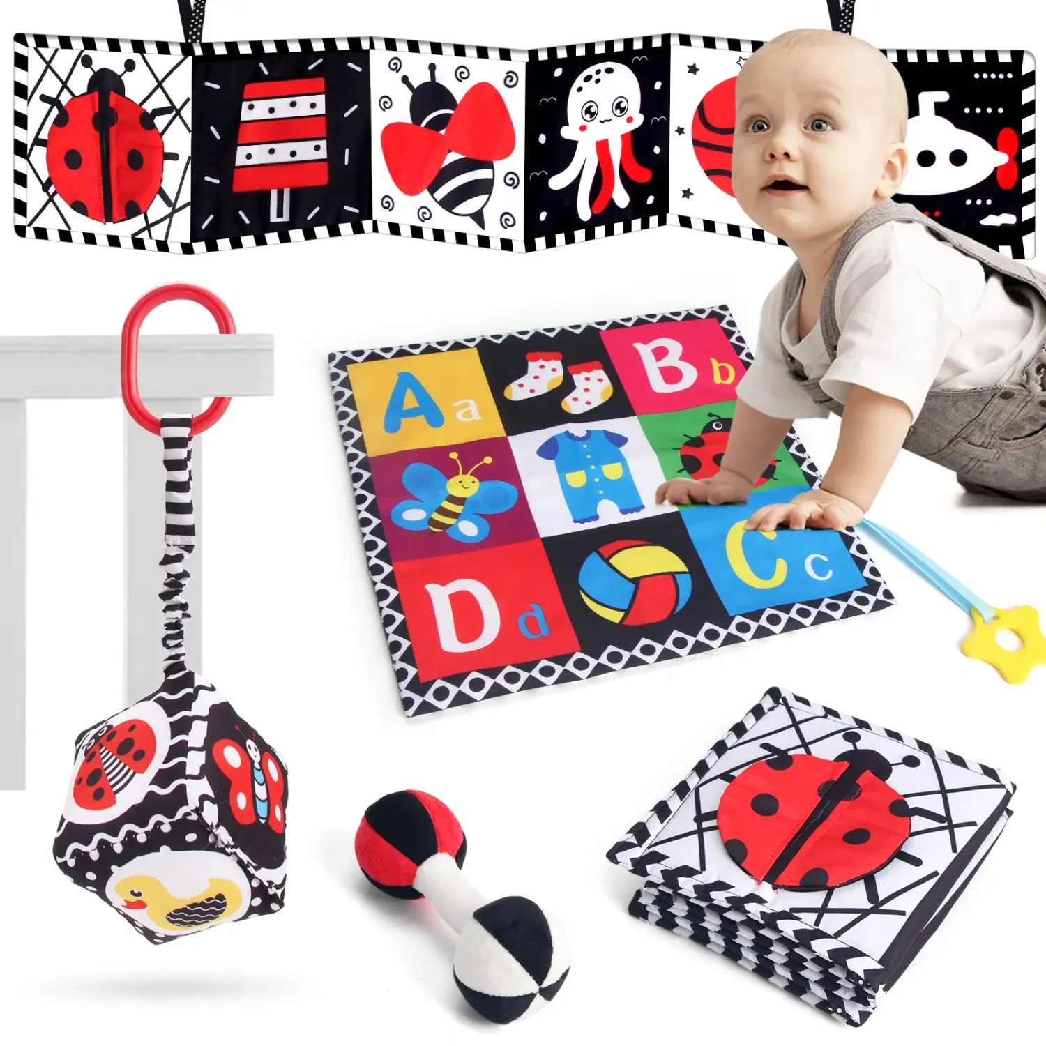 4-in-1 High Contrast Sensory Play Baby Sound Toys for 0-3-6 Months Newborns, Crinkle Book, Brain Development Tummy Time Mirror, Carseat Rattle, Christmas Stocking Stuffer, Unisex Names, Black And White, Newborn Gifts