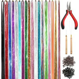 18 Colors Hair Tinsel Kit, 48 Inch 3600 Strands Glitter Tinsel Hair Extensions for Womens Christmas New Year Halloween Cosplay Party